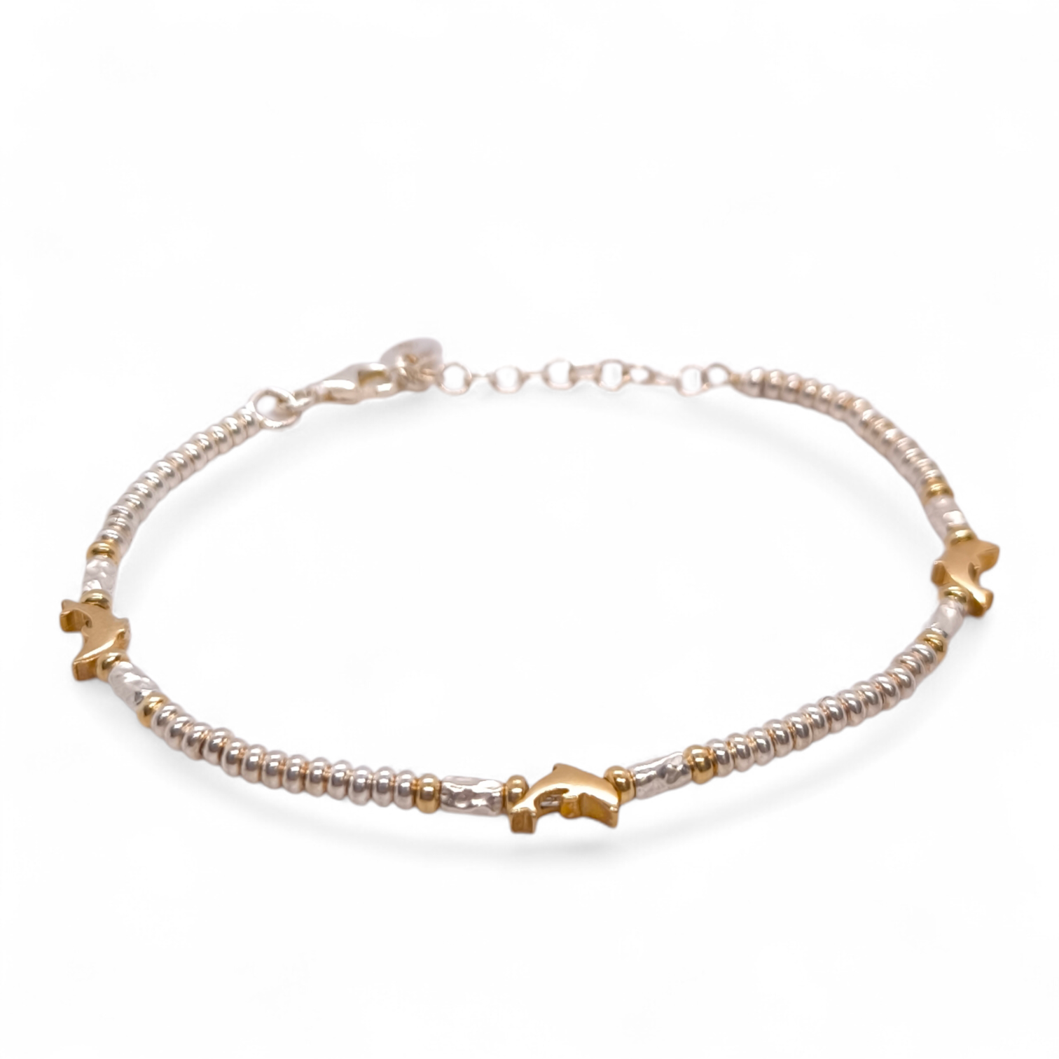 Bracciale Bracciale Argento 925 Dadini Martellati con Delfini Dorati - Gioielli Pavan