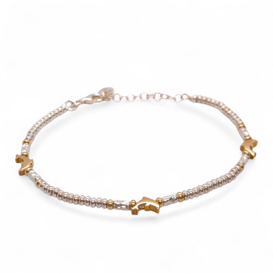 Bracciale Bracciale Argento 925 Dadini Martellati con Delfini Dorati - Gioielli Pavan