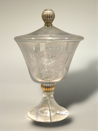 soprammobile Porta caramelle centro tavola in cristallo con disegni serigrafati e elementi in argento - Gioielli Pavan