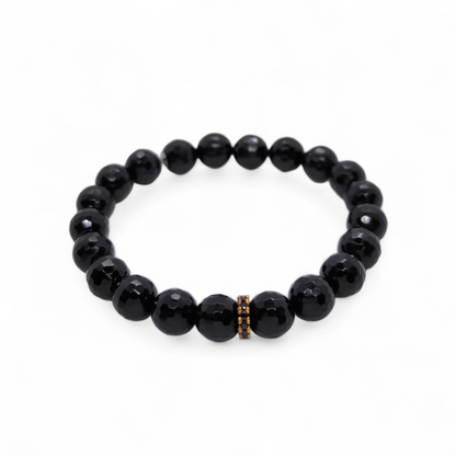 Bracciale Bracciale elastico in onice nera sfaccettata con viroletta dorata rosa e zirconi - Gioielli Pavan