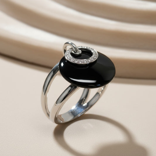Gold ring with onyx and diamonds