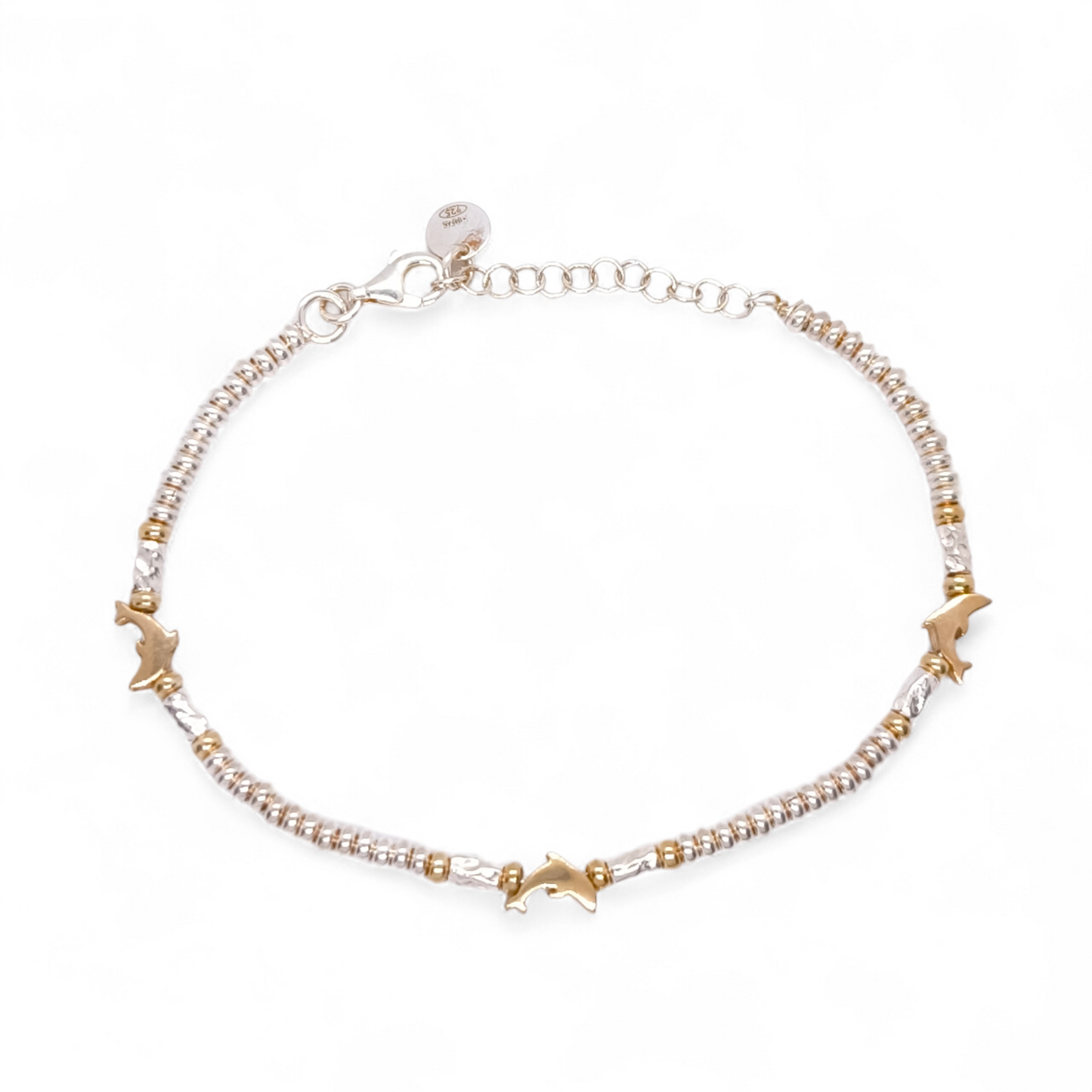 Bracciale Bracciale Argento 925 Dadini Martellati con Delfini Dorati - Gioielli Pavan