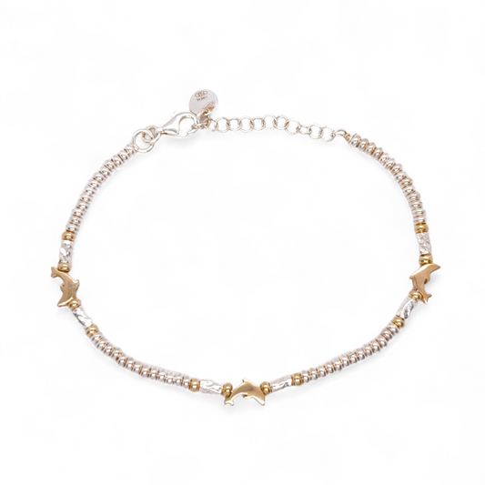Bracciale Bracciale Argento 925 Dadini Martellati con Delfini Dorati - Gioielli Pavan