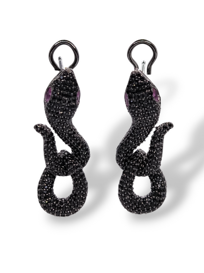 Orecchini Orecchini Serpente in Argento 925 Brunito con Zirconi Neri e Rossi - Gioielli Pavan