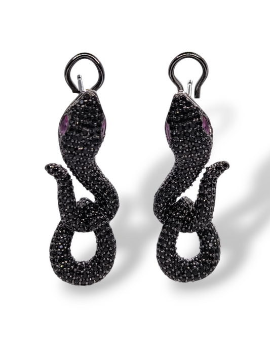 Orecchini Orecchini Serpente in Argento 925 Brunito con Zirconi Neri e Rossi - Gioielli Pavan