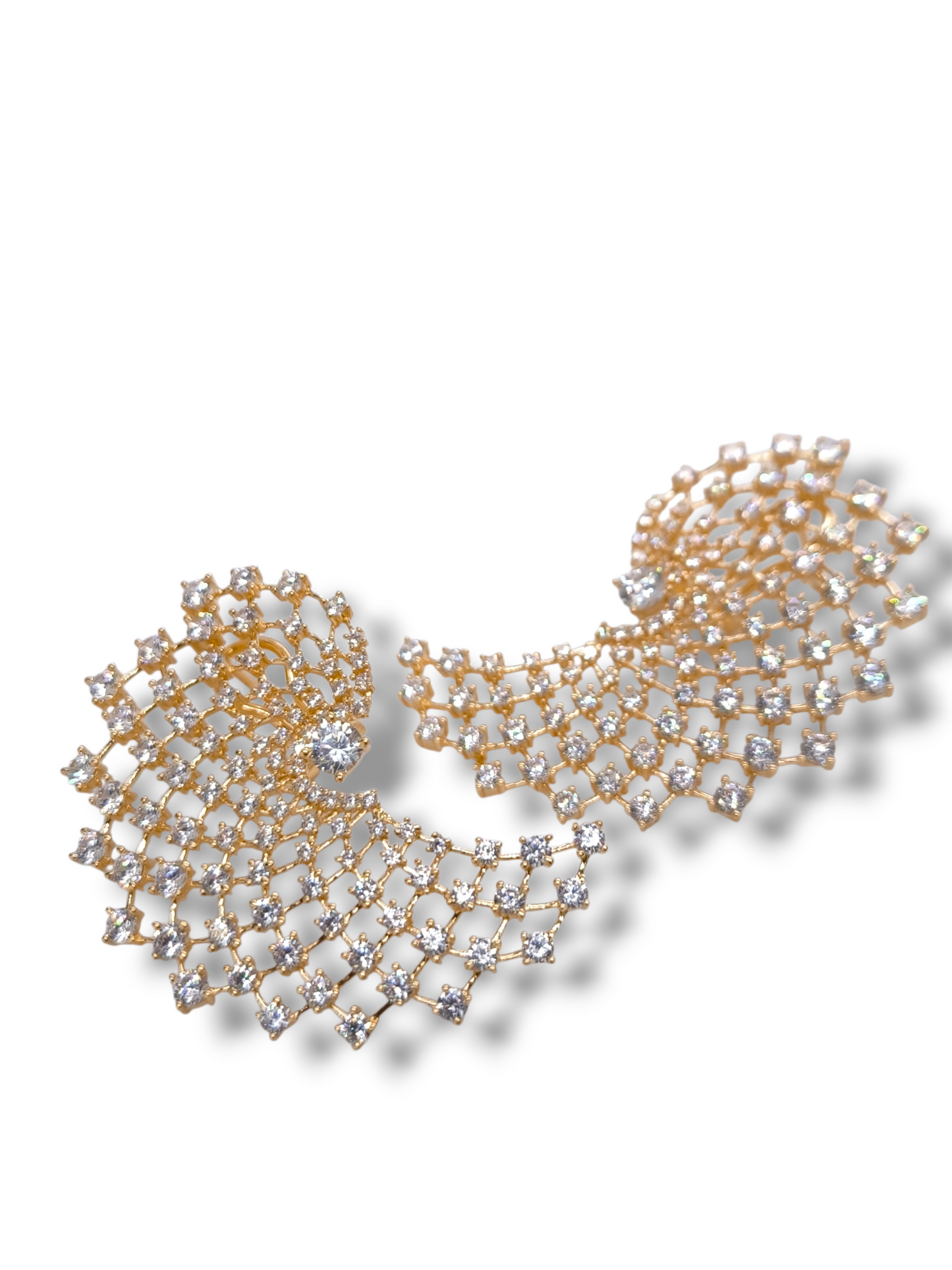 Orecchini Argento 925 Dorati Oro Giallo Ventaglio Pavé Zirconi