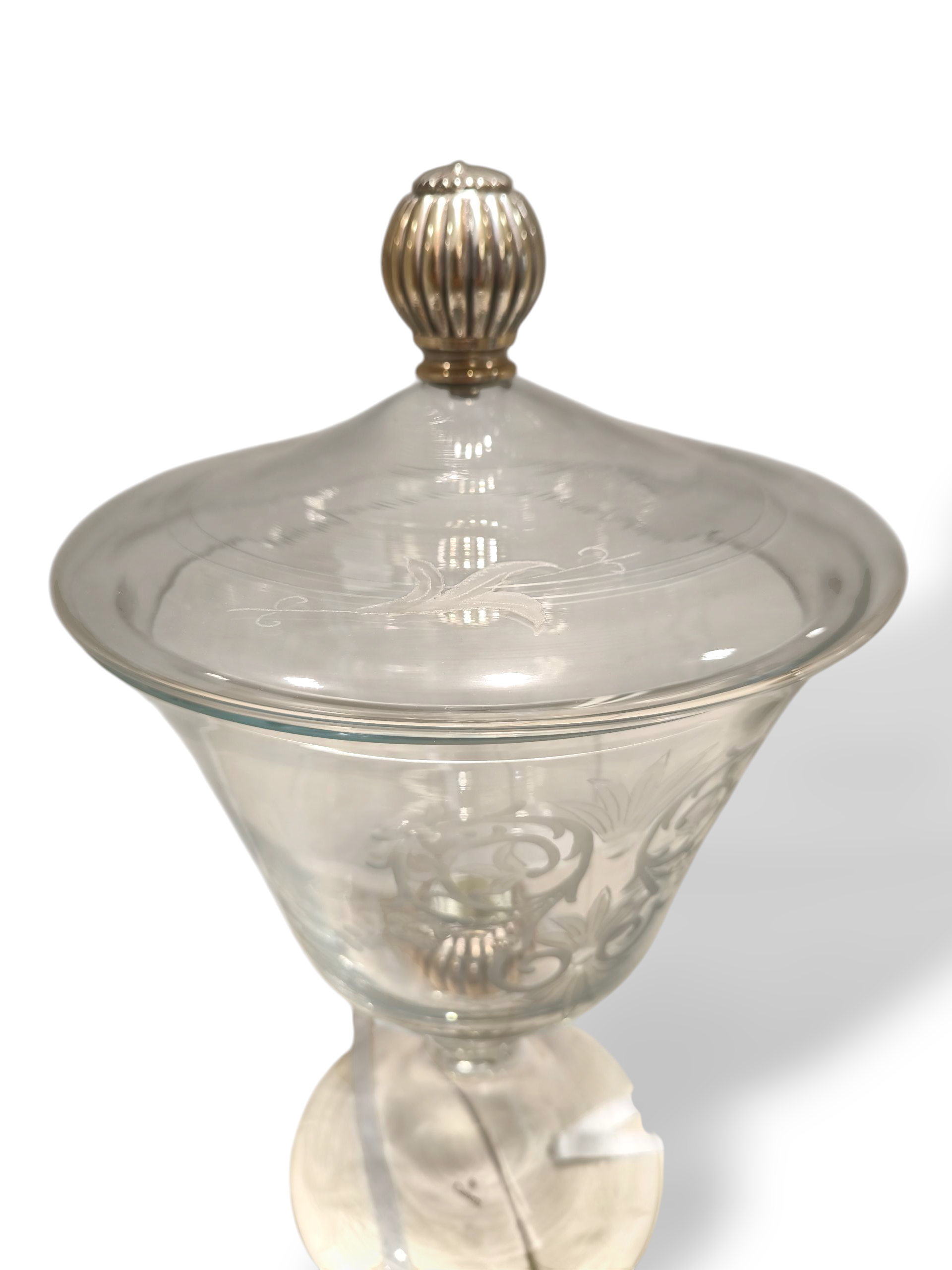 soprammobile Porta caramelle centro tavola in cristallo con disegni serigrafati e elementi in argento - Gioielli Pavan