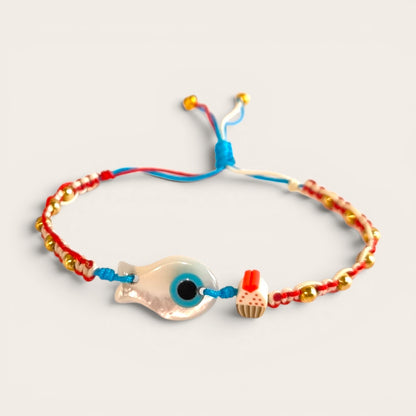 Bracciale Bracciale Nautico con Pesciolino in Madreperla, Turchese e Muffin Portafortuna - Gioielli Pavan