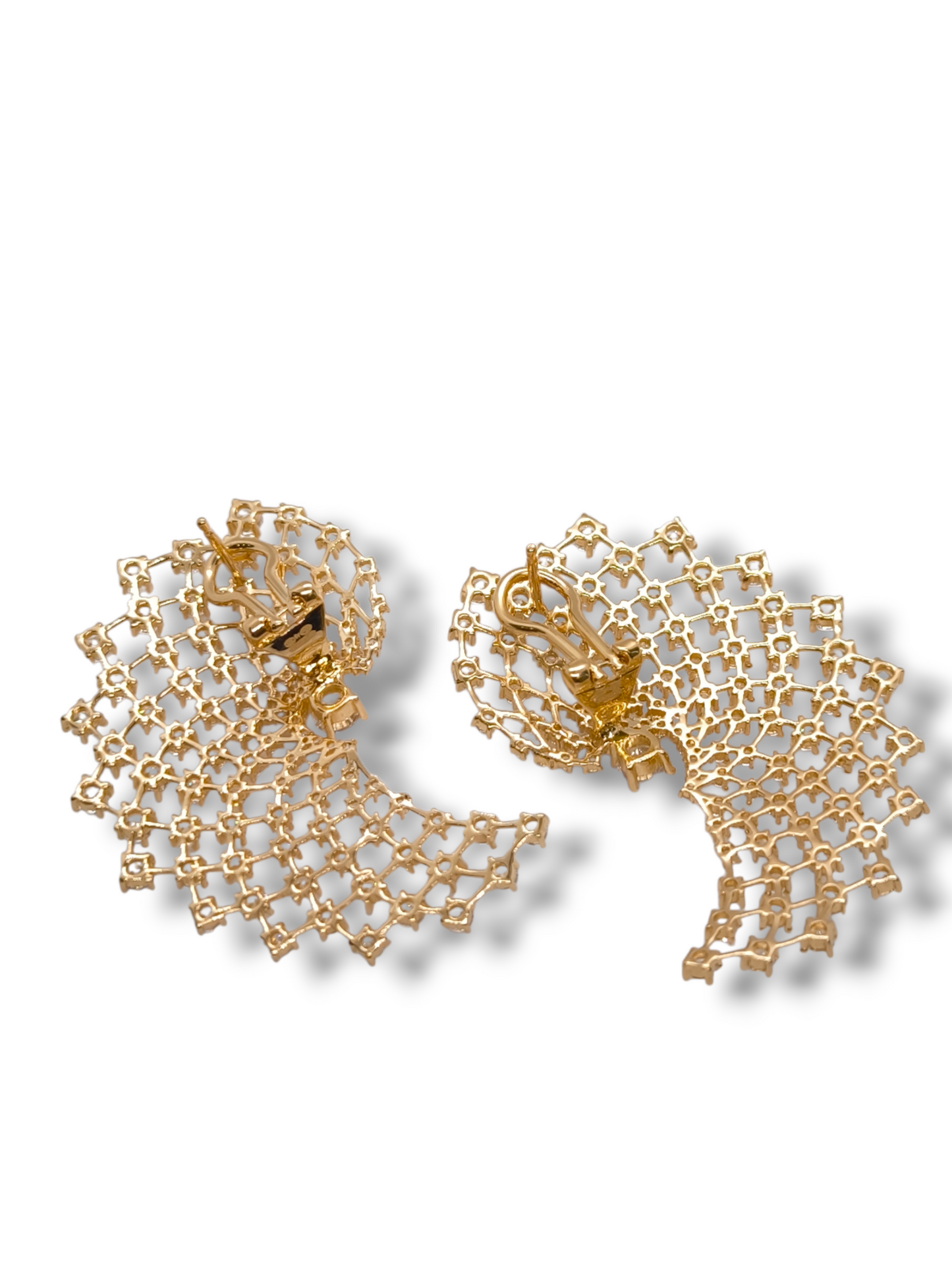 Orecchini Argento 925 Dorati Oro Giallo Ventaglio Pavé Zirconi