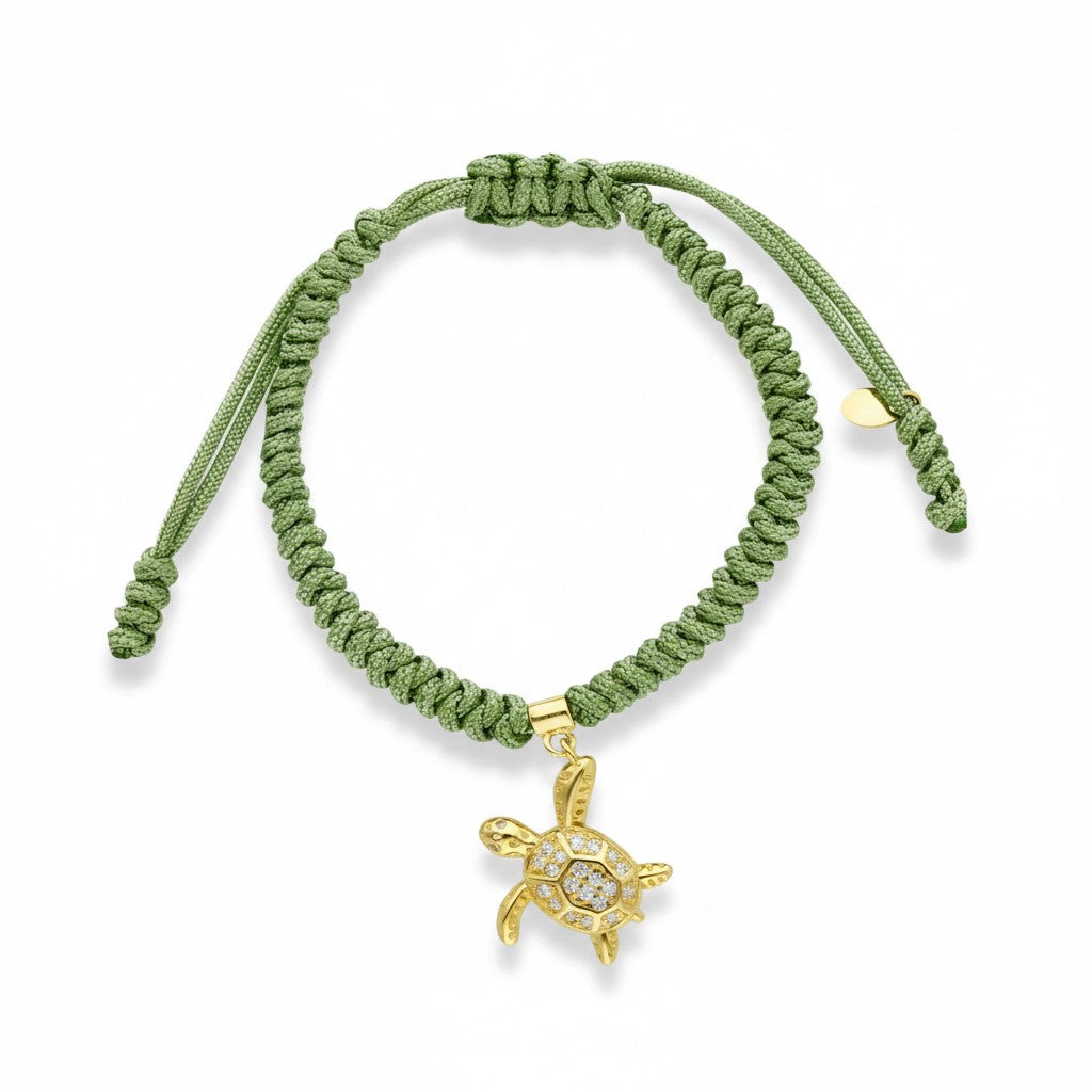 Bracciale in corda nautica verde con tartaruga in argento dorato e zirconi - Gioielli Pavan