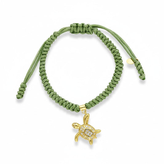 Bracciale in corda nautica verde con tartaruga in argento dorato e zirconi - Gioielli Pavan