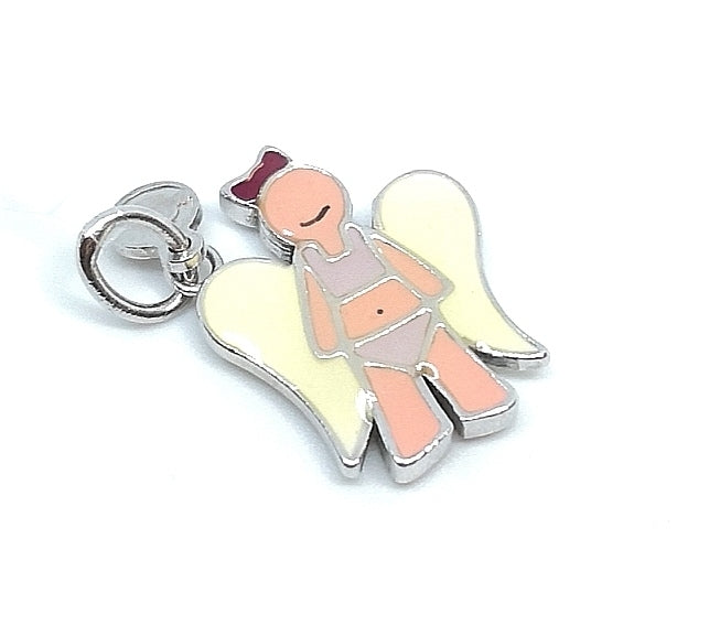 Silver Pendant - Little girl angel with red bow 1.5cm