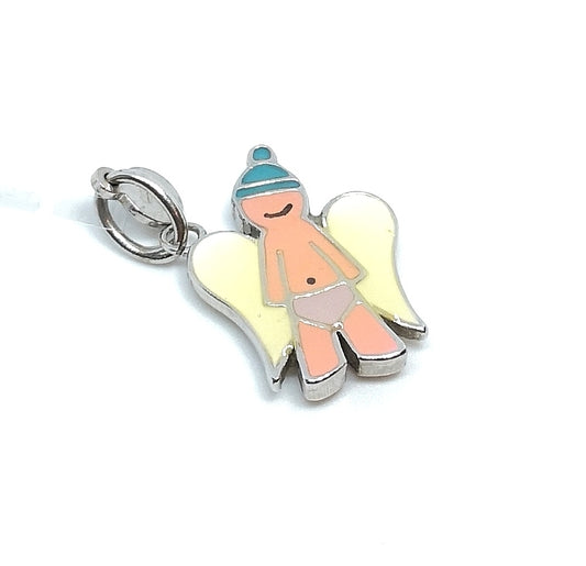 Silver Pendant - Baby angel with green hat 1.5cm