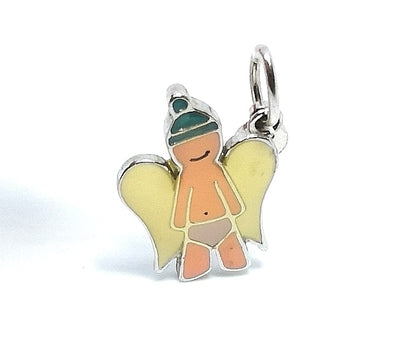Silver Pendant - Baby angel with green hat 1.5cm