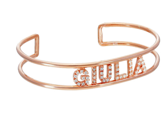 Pavan Jewelry - Rigid bracelet with name in pink gold zirconia pavé