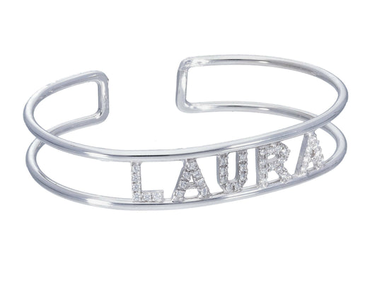 Pavan Jewels - Rigid bracelet with name in rhodium-plated silver zirconia pavé
