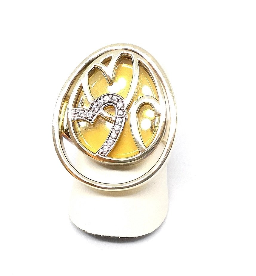 Yellow golden heart silver ring, citrine quartz, zirconia