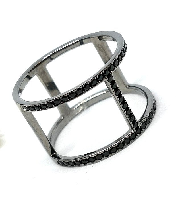 Kurshuni black burnished silver ring with black zircons 