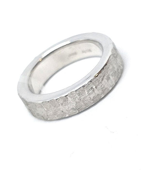 Square wedding band ring in hammered silver