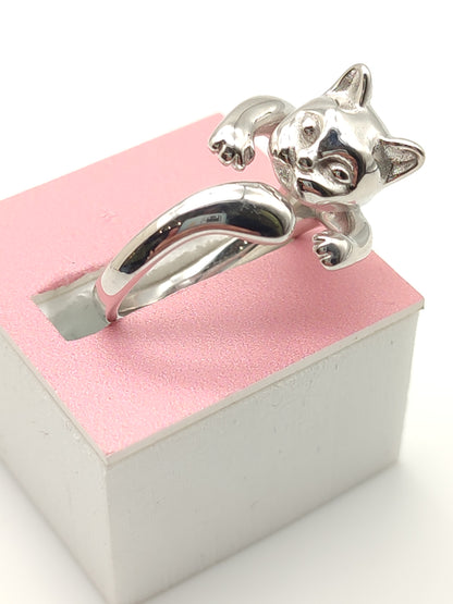 Hug cat silver ring