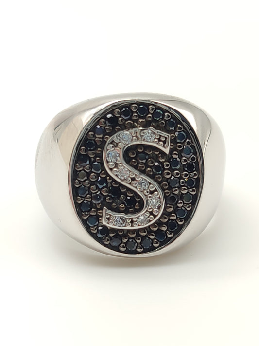 Silver chevalier ring with letter S