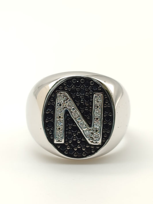 Silver chevalier ring with letter N