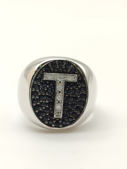 Silver chevalier ring with letter T