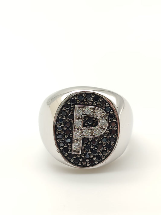 Silver chevalier ring with letter P