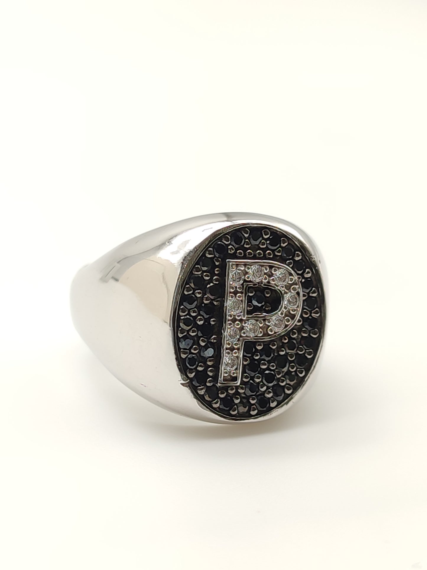 Silver chevalier ring with letter P