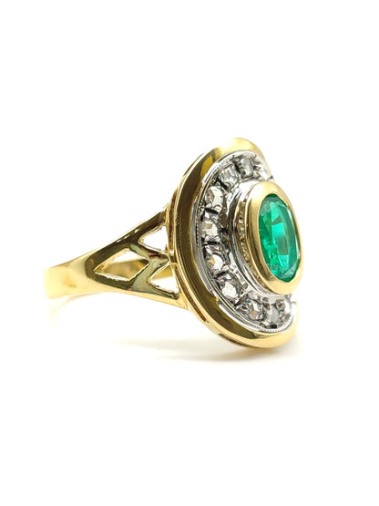 Gold ring with recrystallized emerald and diamonds