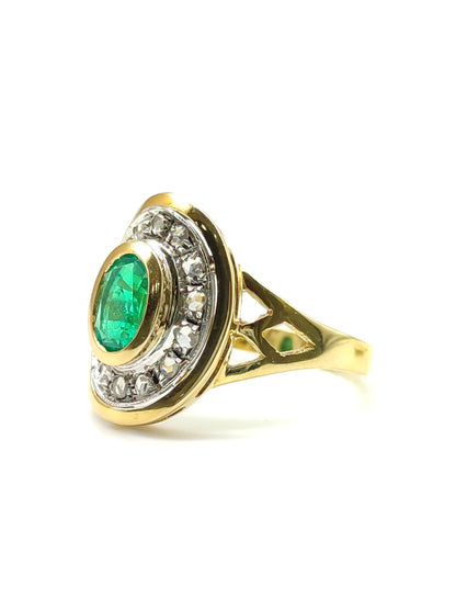 Gold ring with recrystallized emerald and diamonds