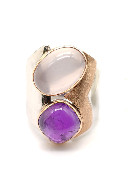 Silver and gold ring with amethyst and rose quartz