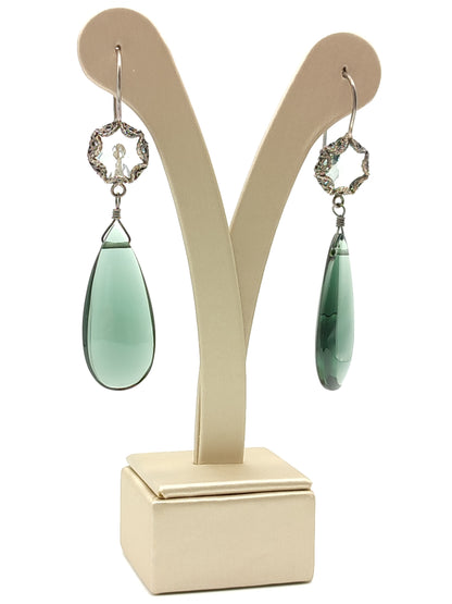 Silver filigree earrings with smoky green quartz