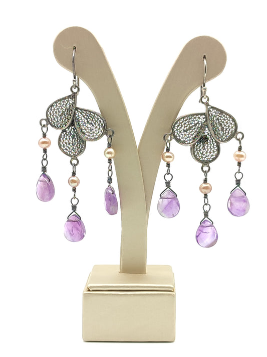 Silver filigree earrings with amethysts and pearls