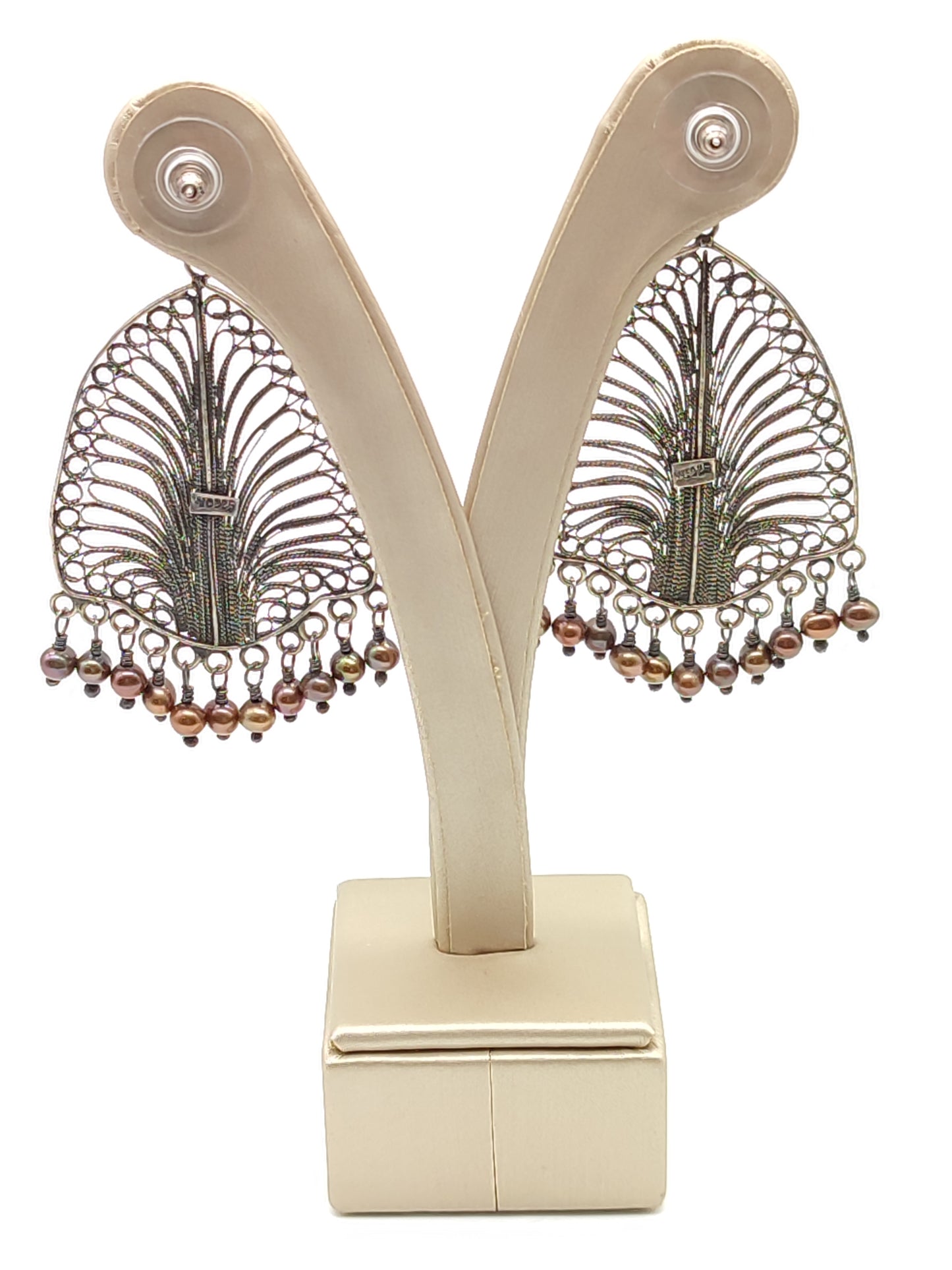 Silver filigree earrings with zircons and pearls