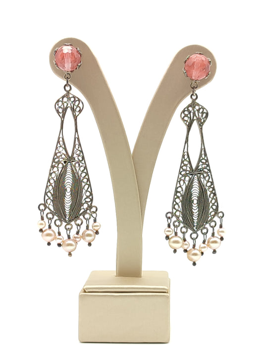 Silver filigree earrings with rose quartz