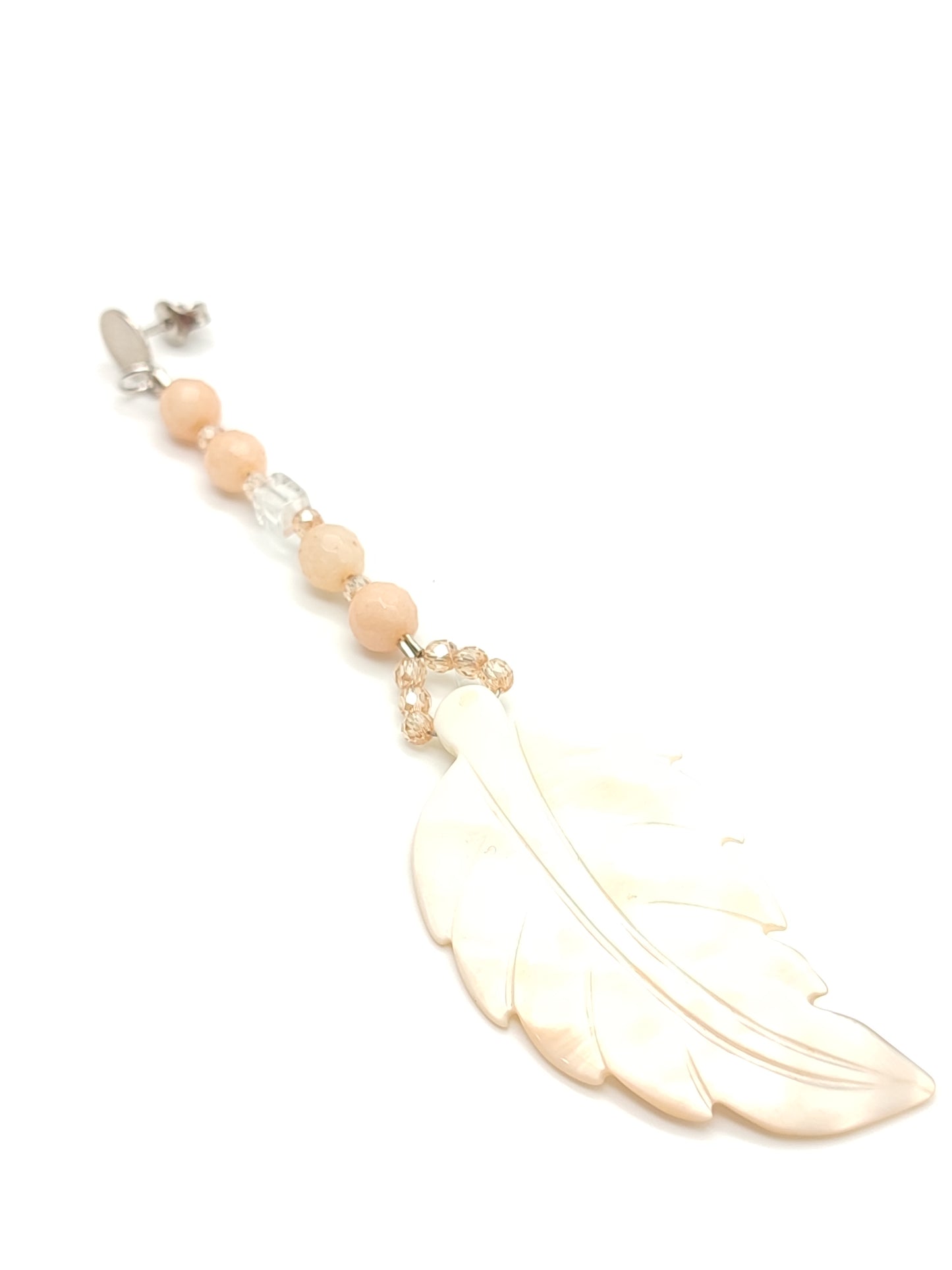 Single pendant silver earring with mother-of-pearl feather