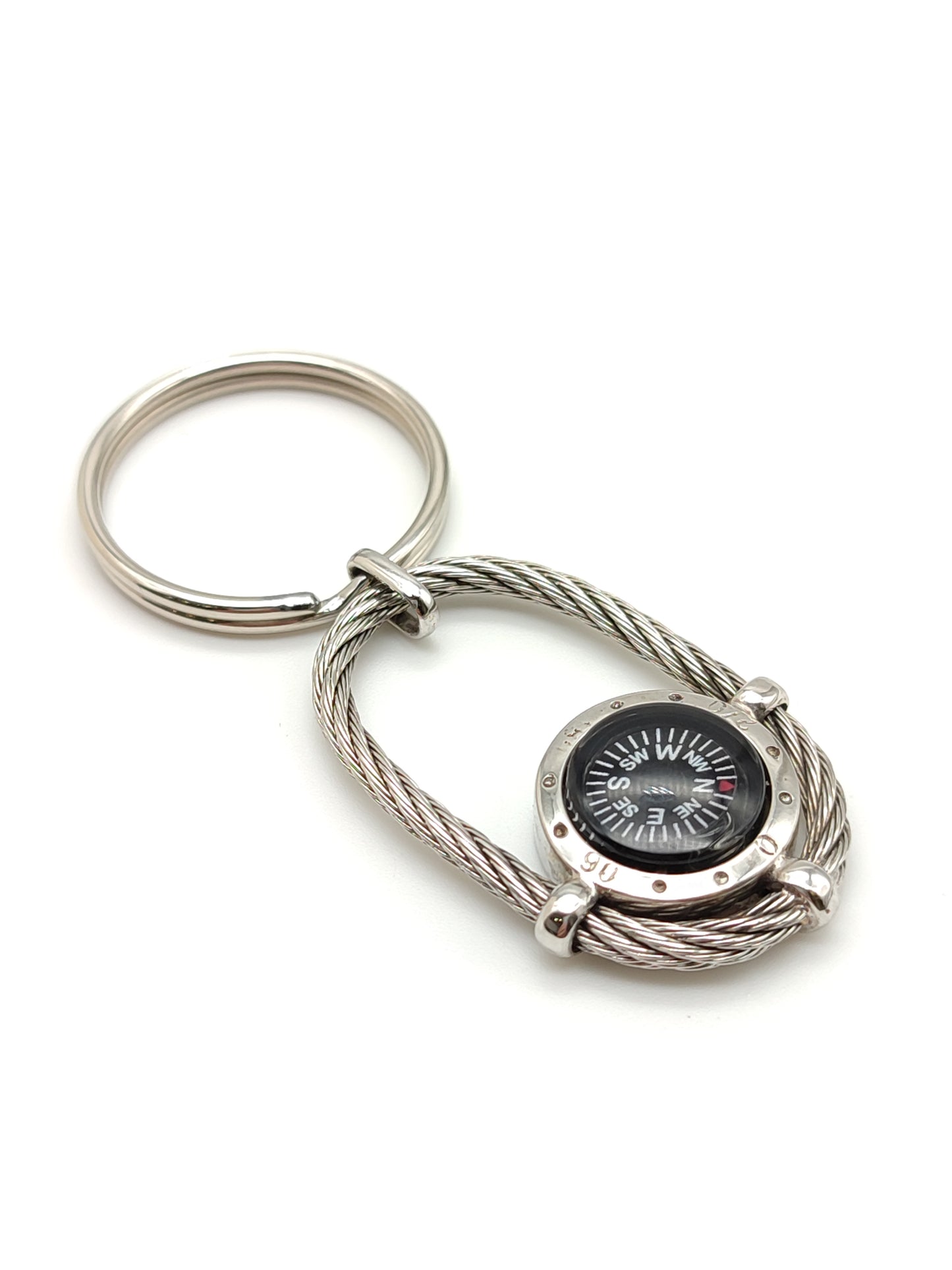 Silver and steel key ring with compass