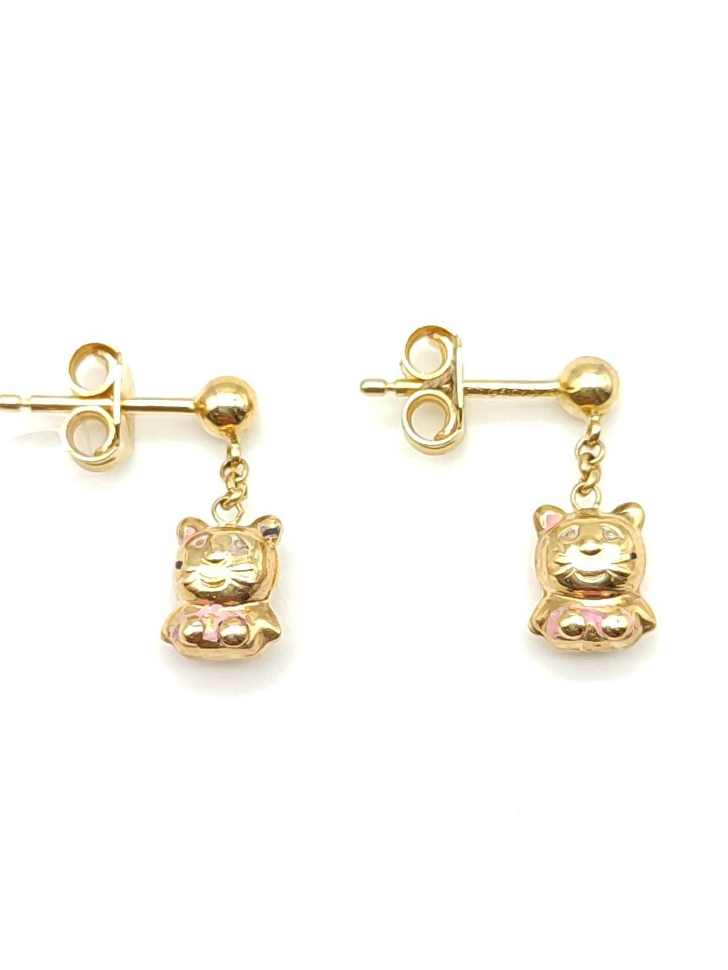Gold earrings with hanging kitten