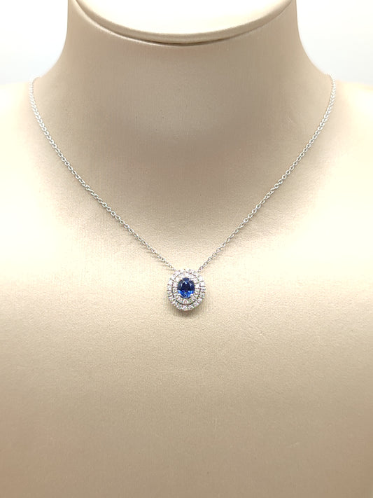 White gold necklace with blue sapphire and diamonds