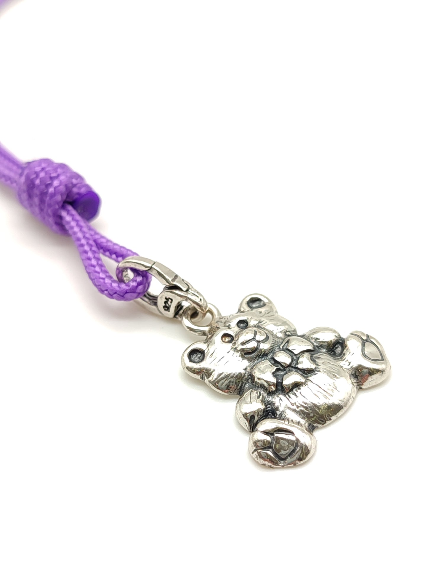 Silver teddy bear key ring with rope