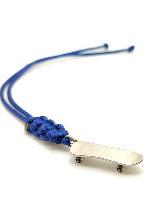 Skateboard silver key ring with satin rope