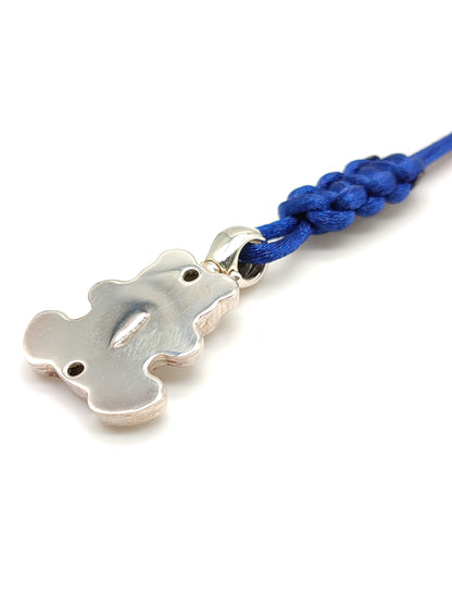 Silver teddy bear key ring with satin rope
