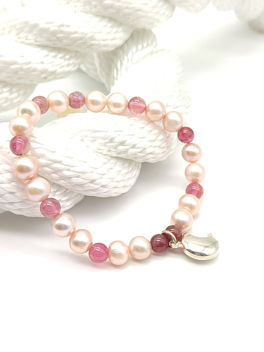Elastic sea tourmaline and cultured pearl bracelet