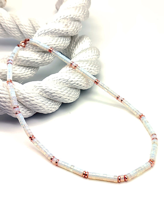 Silver necklace with white Mexican opals