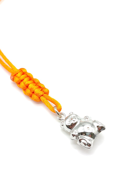 Silver teddy bear key ring with satin cord
