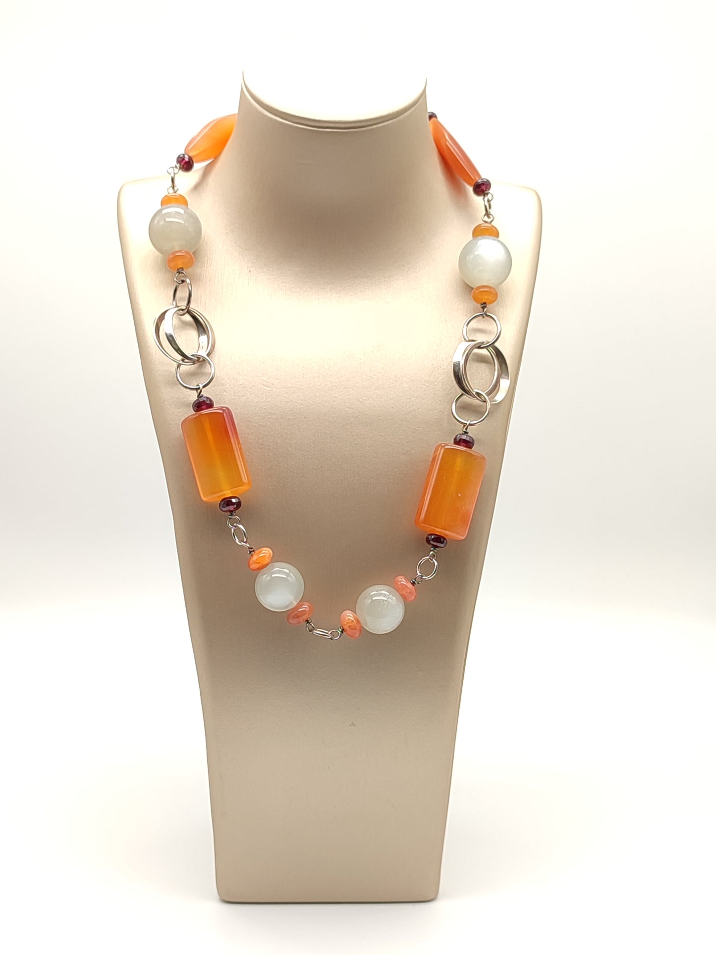 Silver necklace with adularia, garnet and carnelian