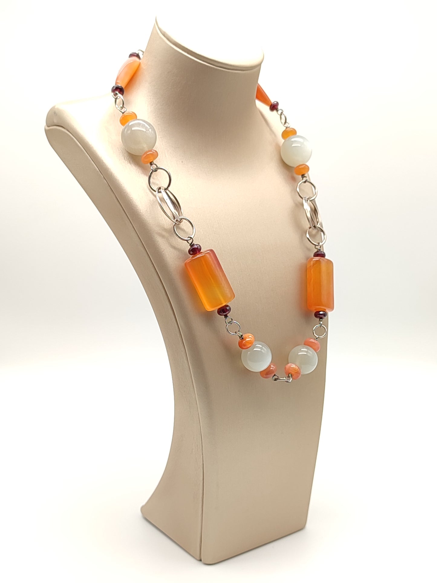 Silver necklace with adularia, garnet and carnelian