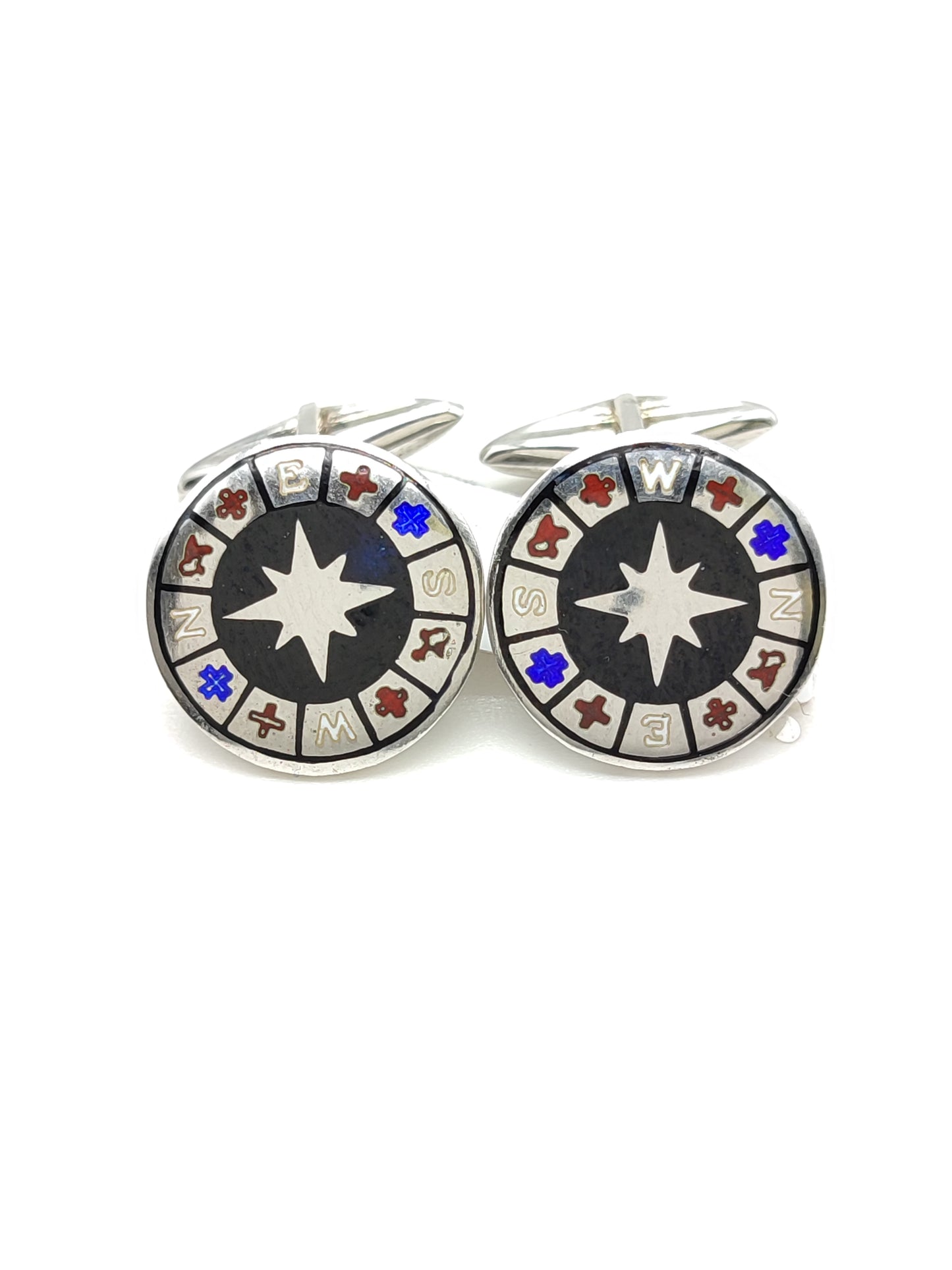 Cufflinks with enamelled compass rose