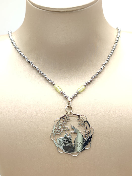 Hematite silver necklace with princess and frog